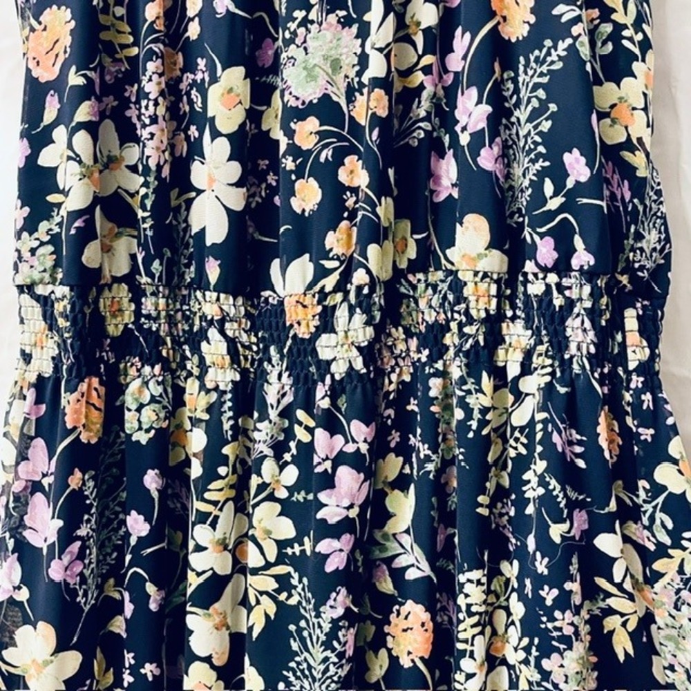 Tahari Arthur S. Levine Navy Floral Halter Smocked Waist Tiered Maxi Dress 16 - Picture 3 of 10